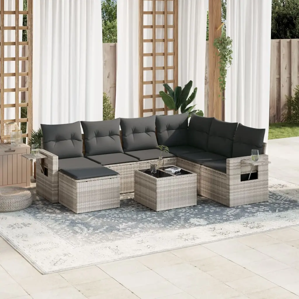 Set Divano da Giardino 8pz con Cuscini Grigio Chiaro Polyrattan