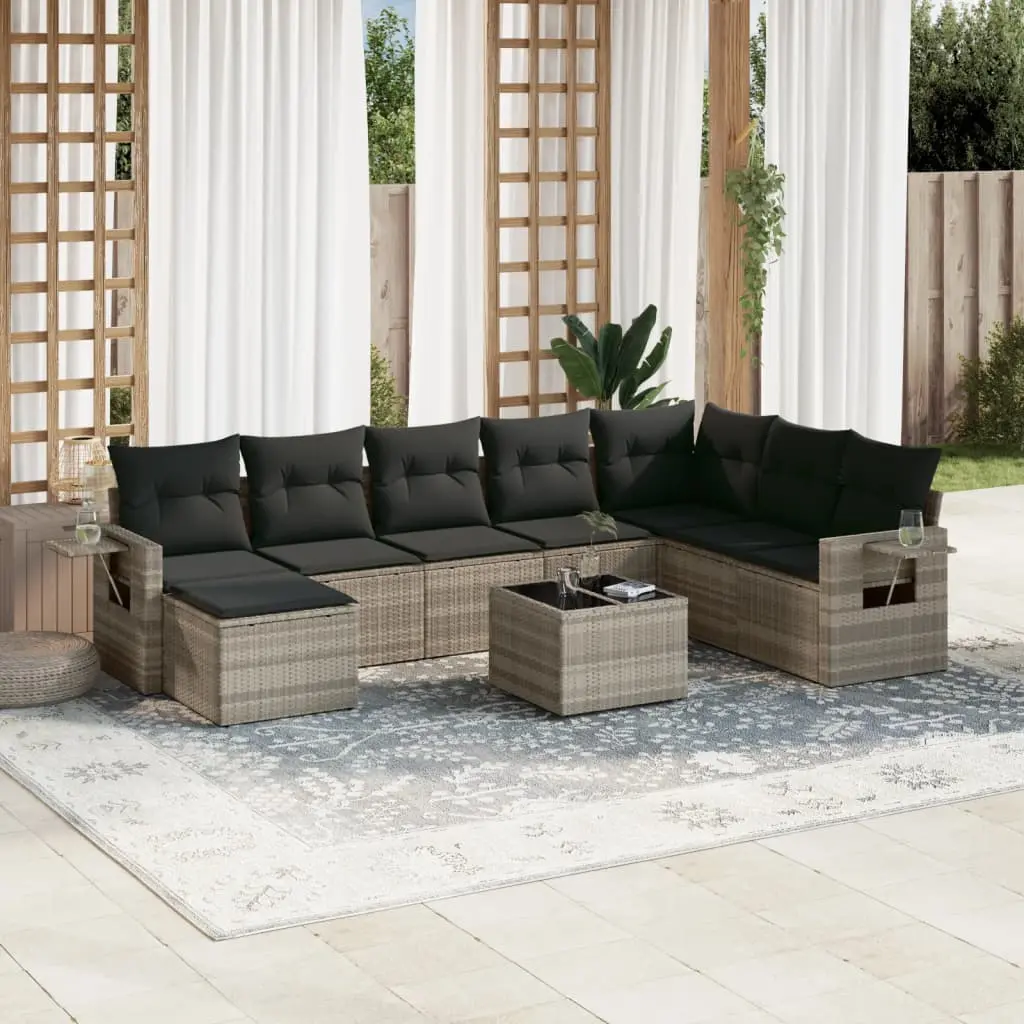 Set Divano da Giardino 9pz con Cuscini Grigio Chiaro Polyrattan