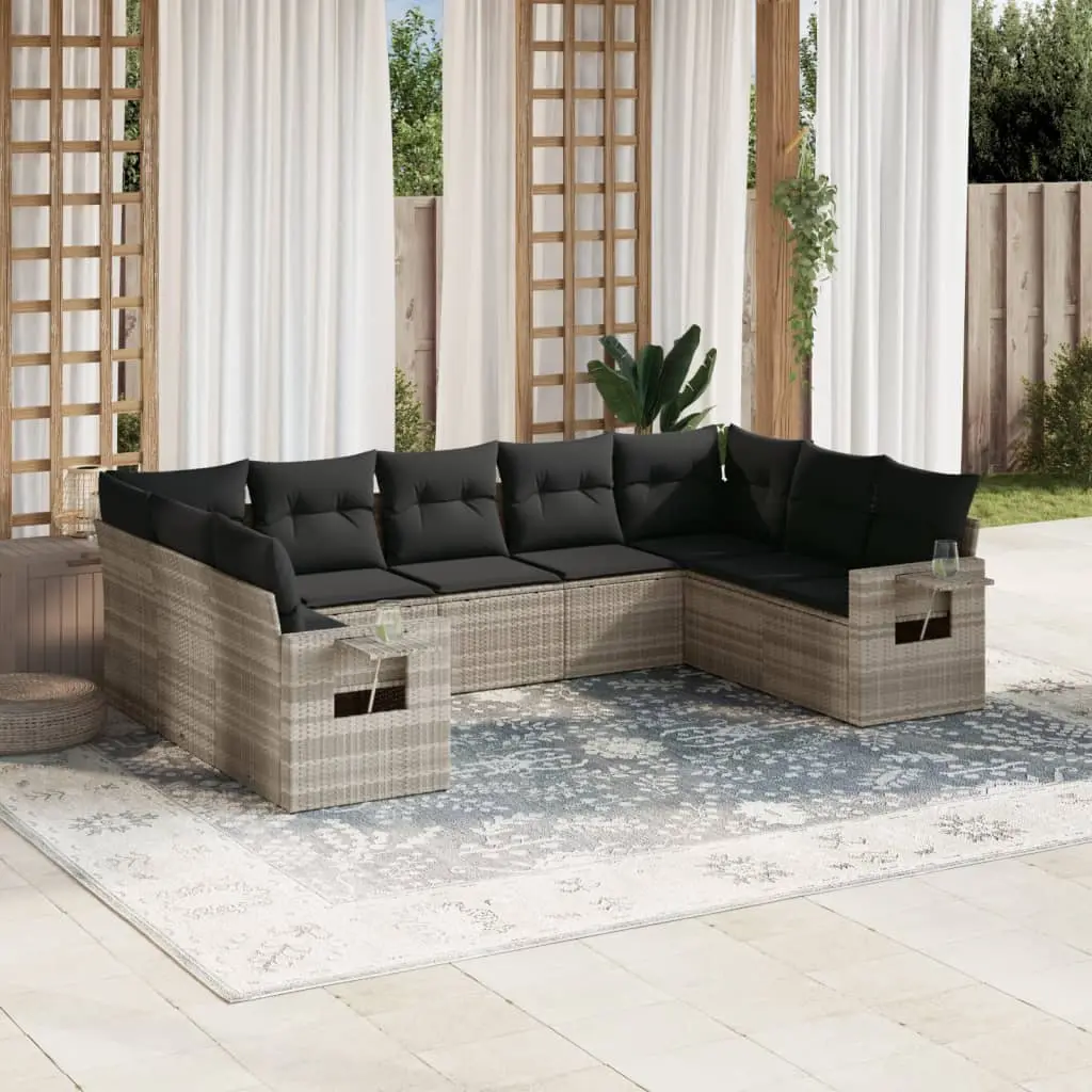 Set Divano da Giardino 9pz con Cuscini Grigio Chiaro Polyrattan