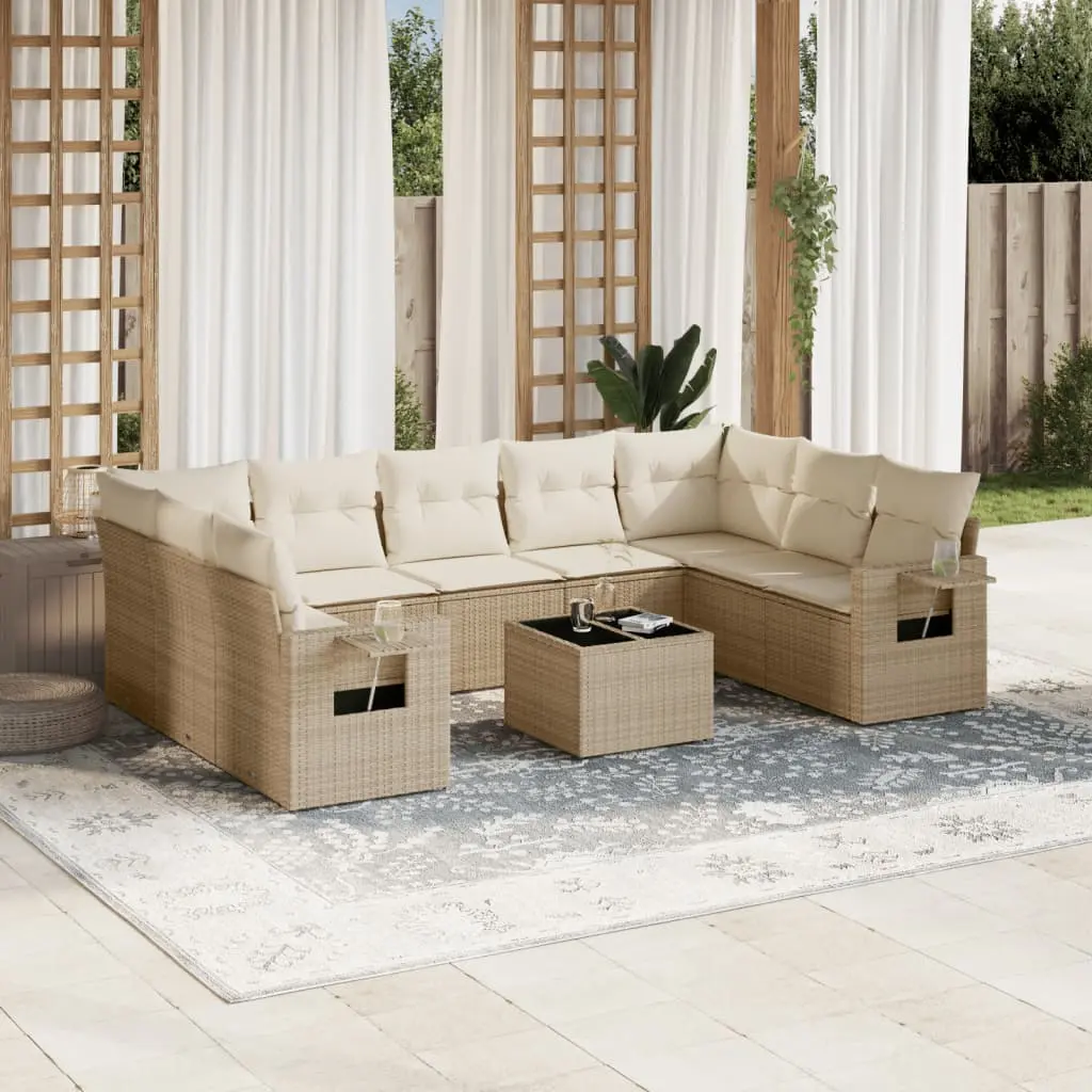 Set Divano da Giardino 10 pz con Cuscini Beige in Polyrattan