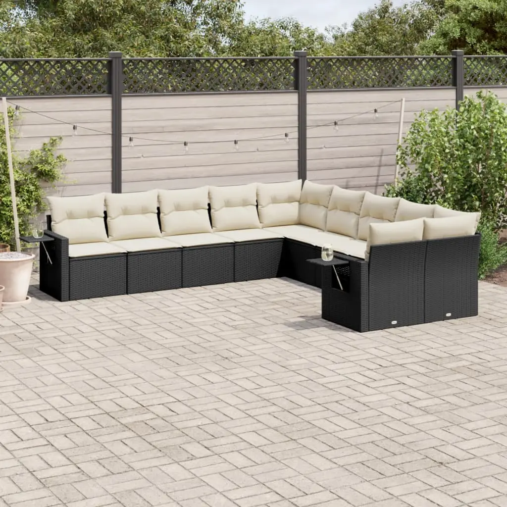 Set Divani da Giardino 10pz con Cuscini in Polyrattan Nero