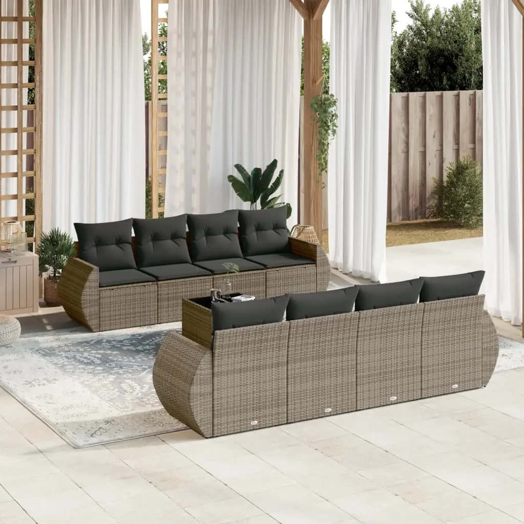 Set Divano da Giardino 9 pz con Cuscini Grigio in Polyrattan