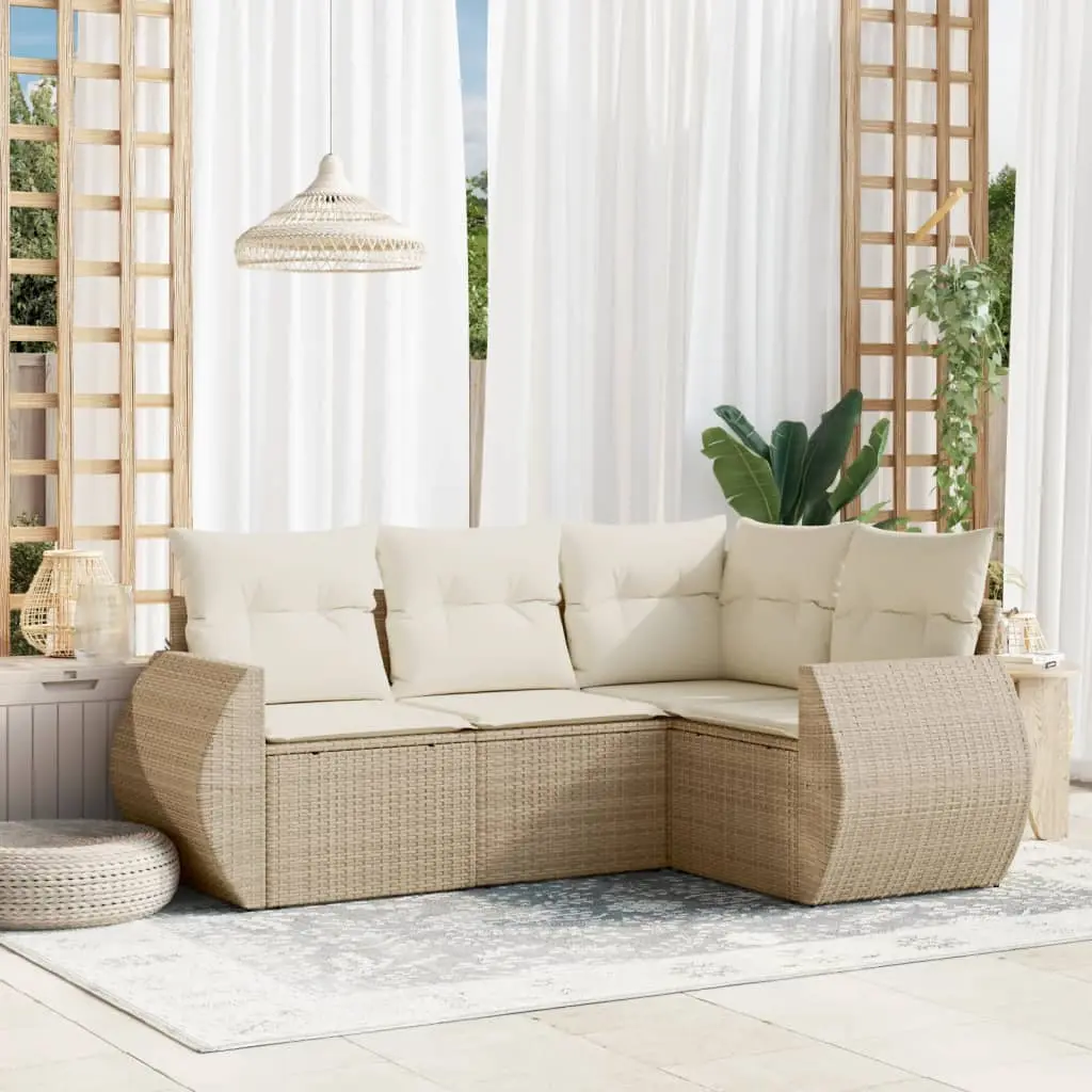 Set Divano da Giardino 4 pz con Cuscini Beige in Polyrattan