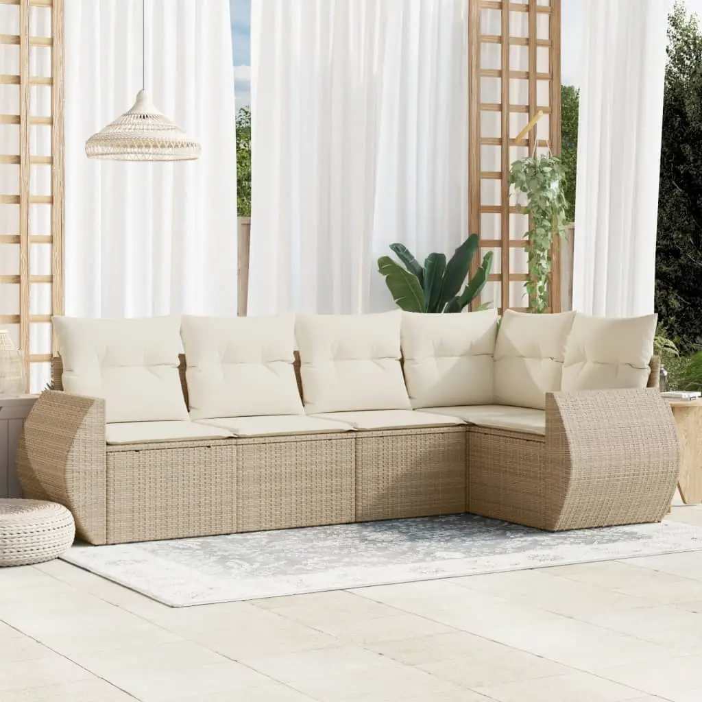 Set Divano da Giardino 5 pz con Cuscini Beige in Polyrattan