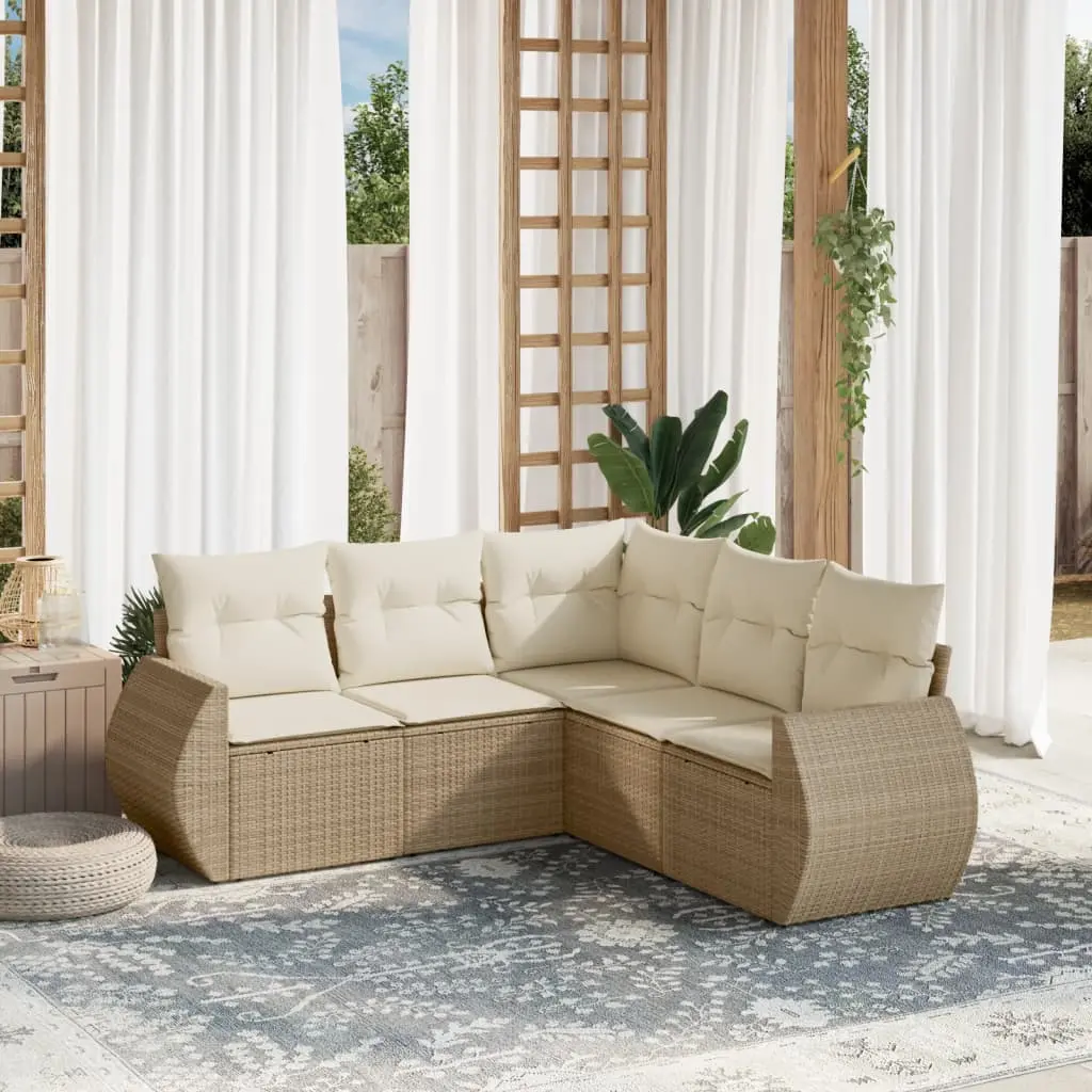 Set Divano da Giardino 5 pz con Cuscini Beige in Polyrattan