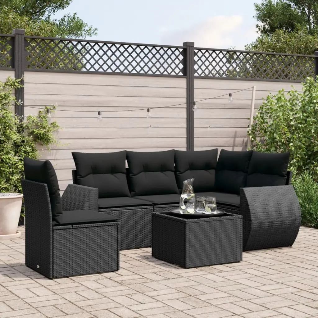 Set Divano da Giardino 6 pz con Cuscini Nero in Polyrattan