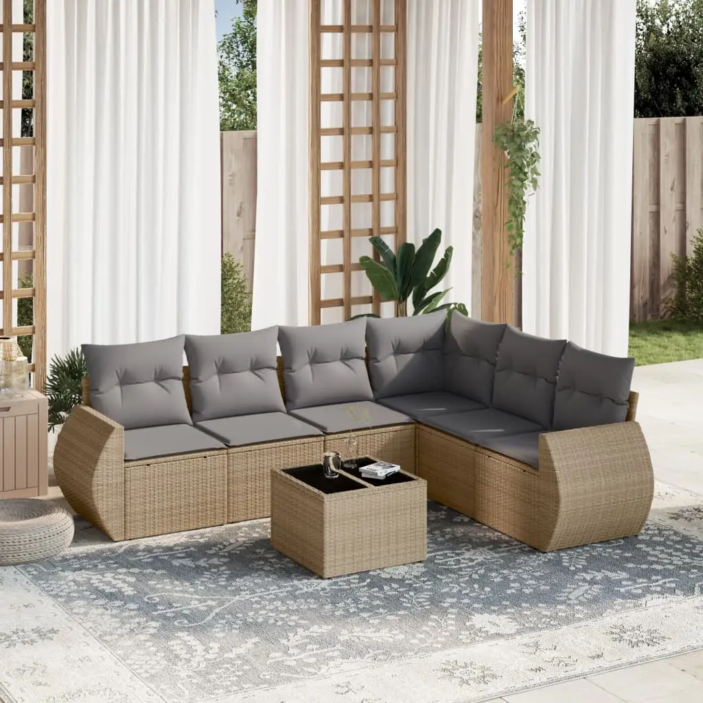 Set Divani da Giardino 7 pz con Cuscini Beige in Polyrattan