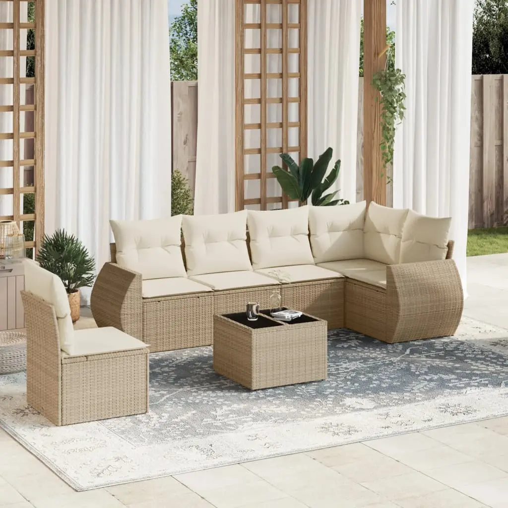 Set Divani da Giardino 7 pz con Cuscini Beige in Polyrattan