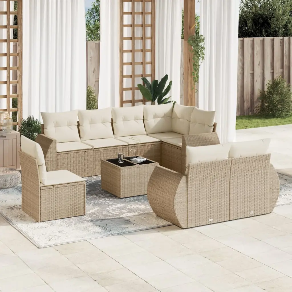 Set Divano da Giardino 9 pz con Cuscini Beige in Polyrattan