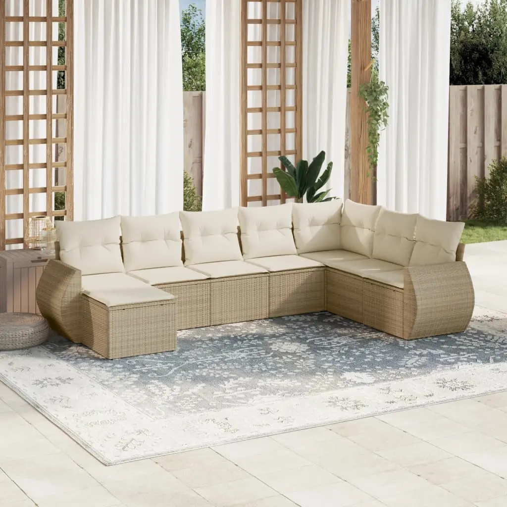 Set Divano da Giardino 8 pz con Cuscini Beige in Polyrattan