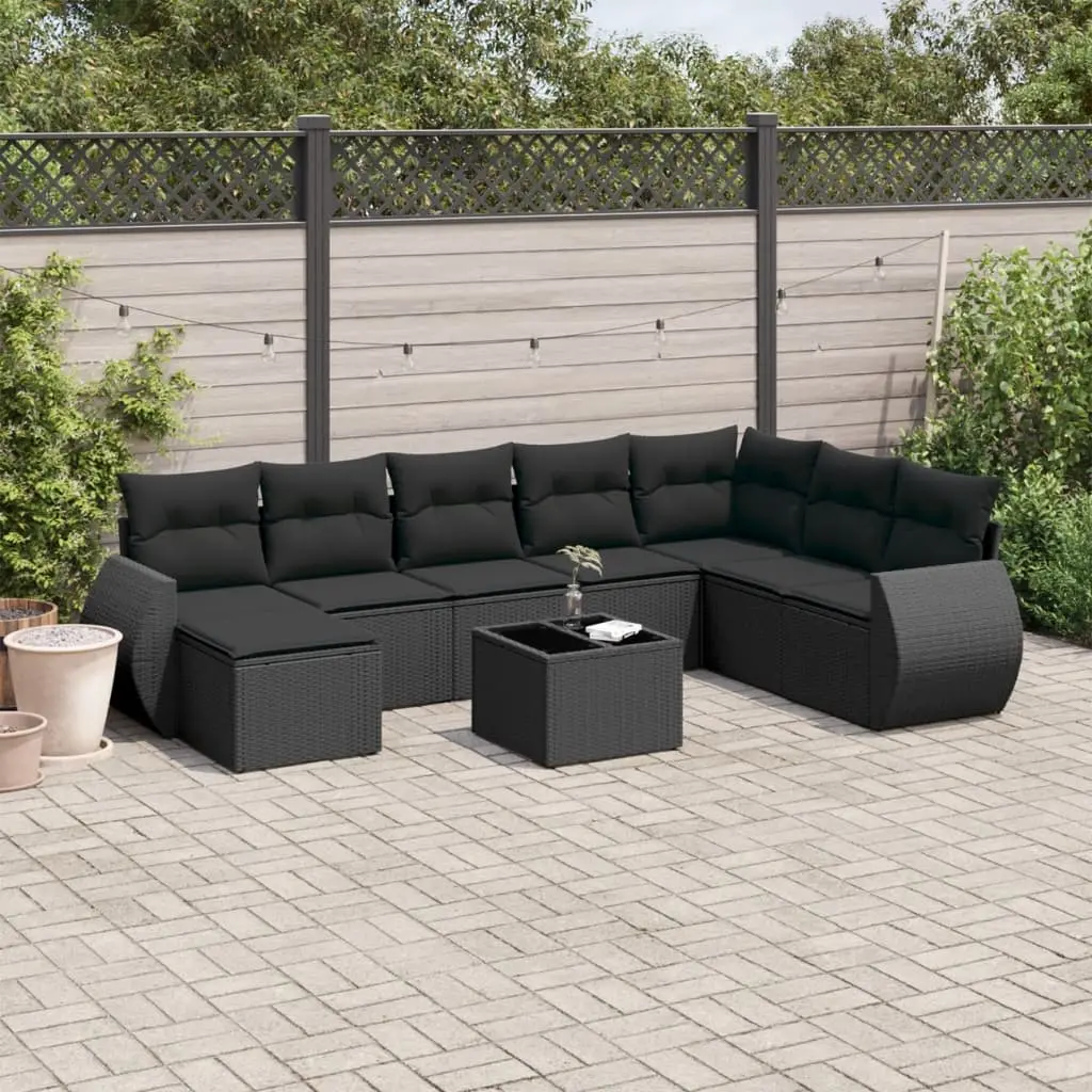 Set Divani da Giardino 9 pz con Cuscini Nero in Polyrattan