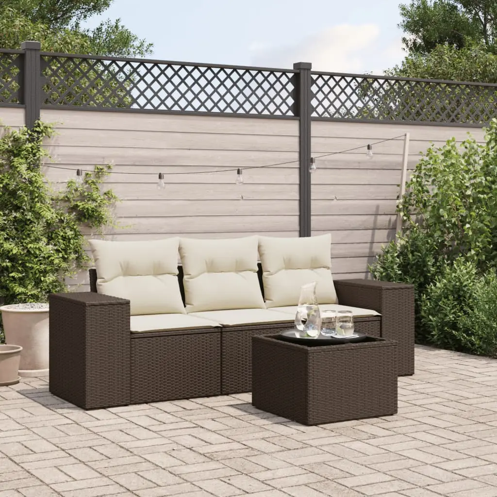 Set Divano da Giardino 4 pz con Cuscini Marrone in Polyrattan