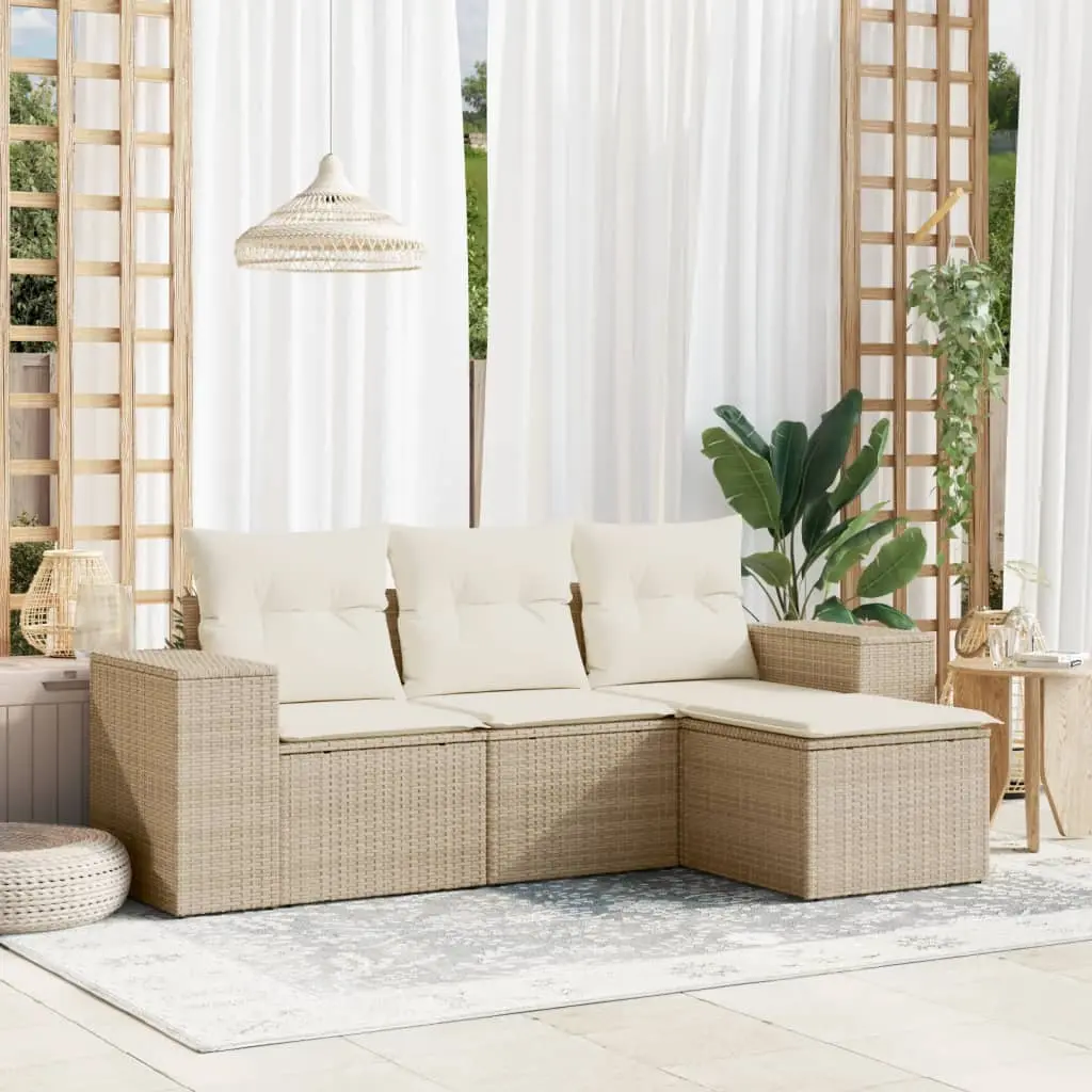 Set Divano da Giardino 4 pz con Cuscini Beige in Polyrattan