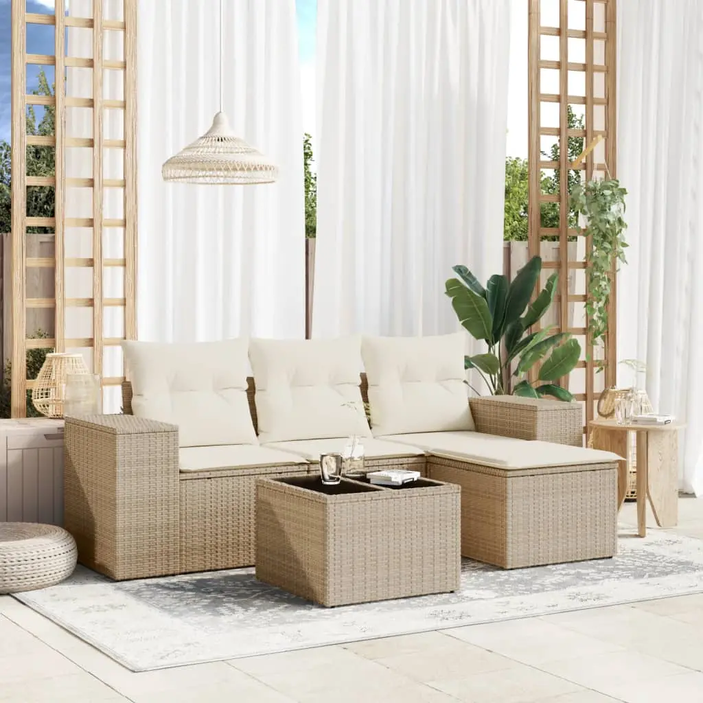 Set Divano da Giardino 5 pz con Cuscini Beige in Polyrattan