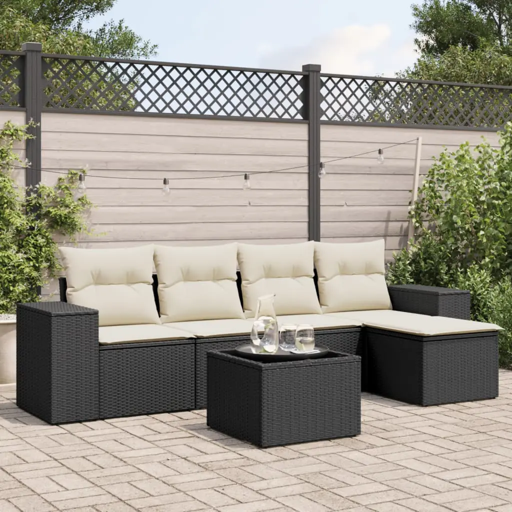 Set Divano da Giardino 6 pz con Cuscini Nero in Polyrattan