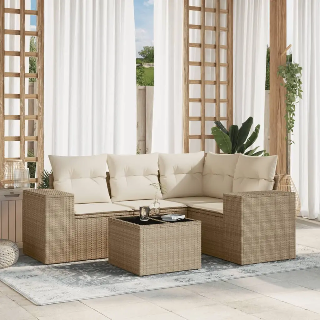 Set Divano da Giardino 5 pz con Cuscini Beige in Polyrattan