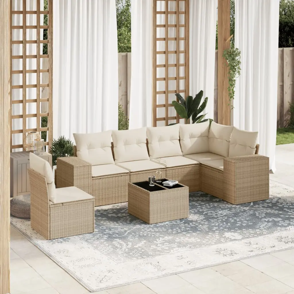 Set Divani da Giardino 7 pz con Cuscini Beige in Polyrattan