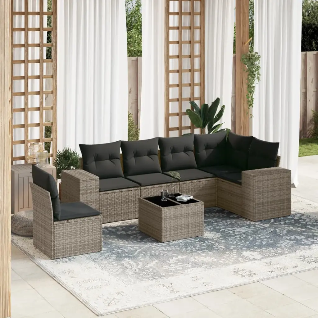 Set Divani da Giardino 7 pz con Cuscini Grigio in Polyrattan