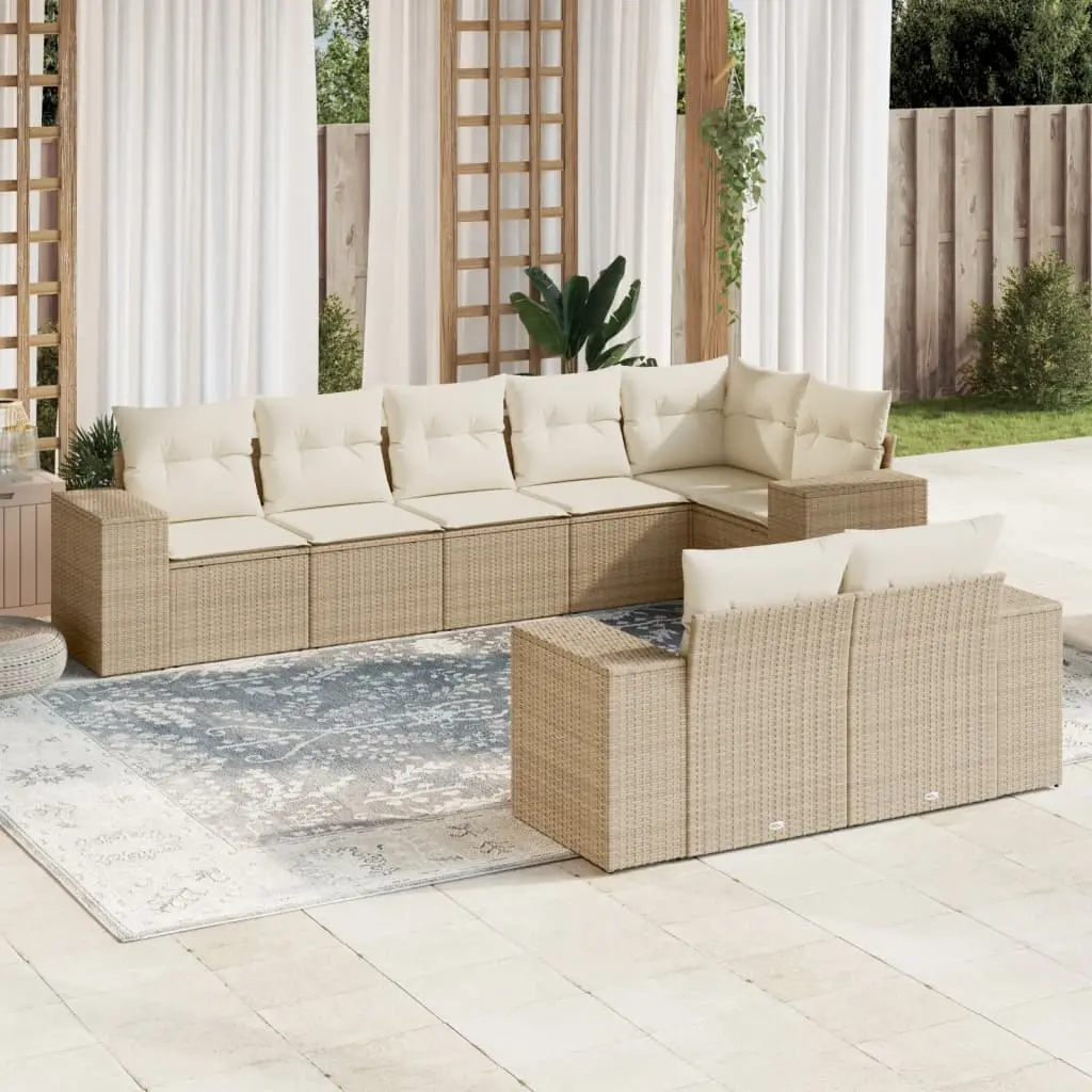 Set Divano da Giardino 8 pz con Cuscini Beige in Polyrattan