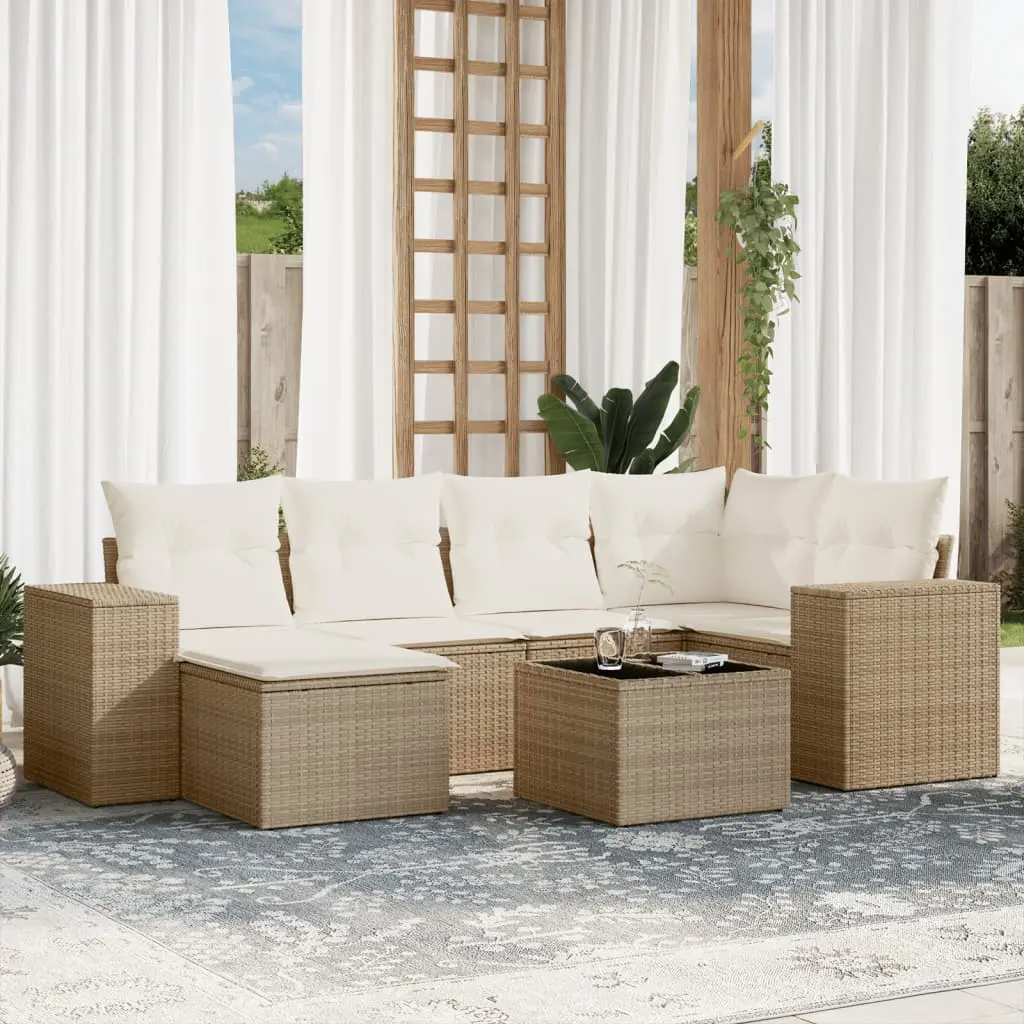 Set Divani da Giardino 7 pz con Cuscini Beige in Polyrattan