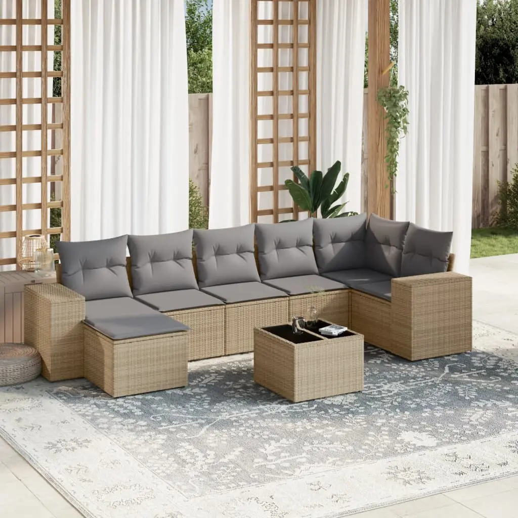 Set Divano da Giardino 8 pz con Cuscini Beige in Polyrattan