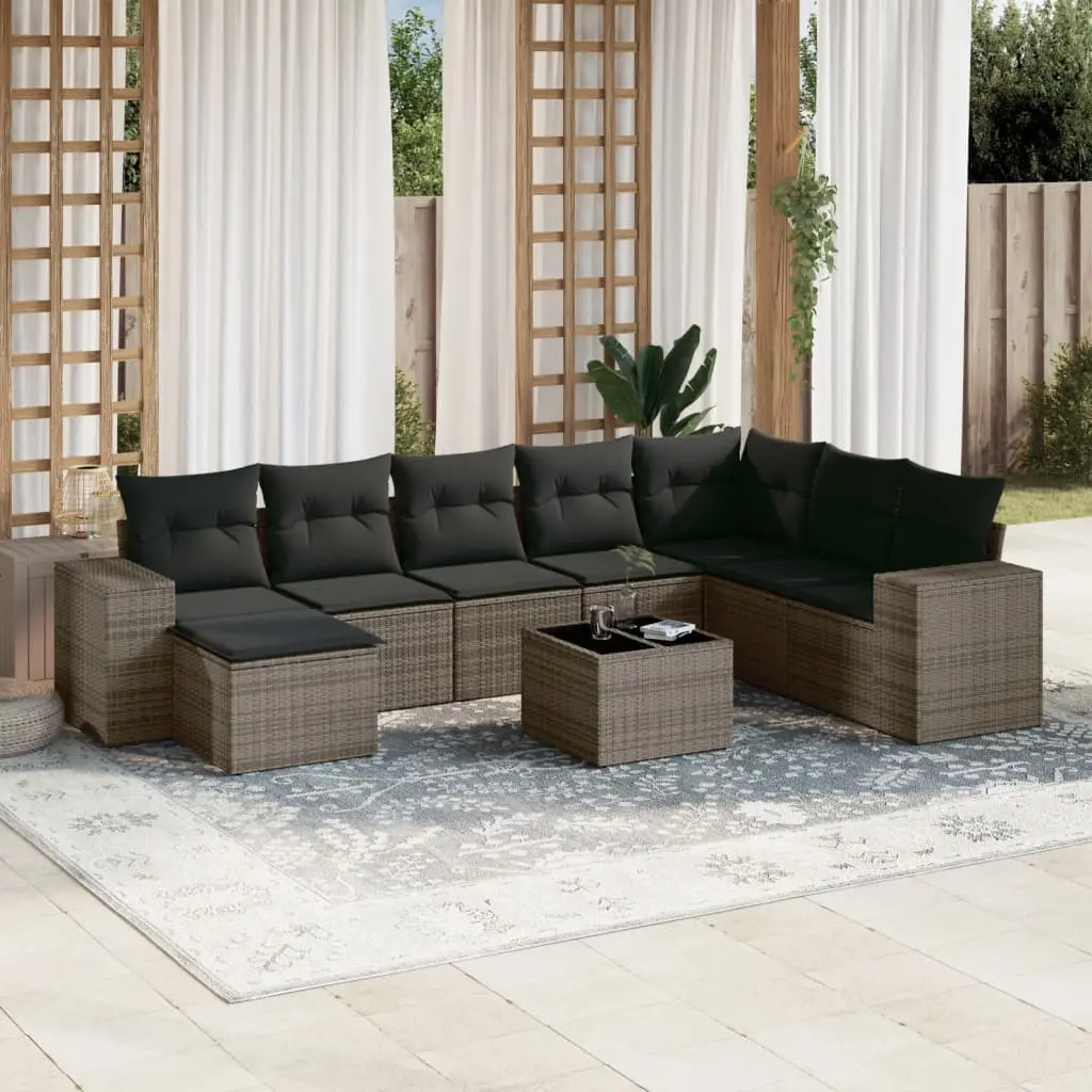 Set Divano da Giardino 9 pz con Cuscini Grigio in Polyrattan