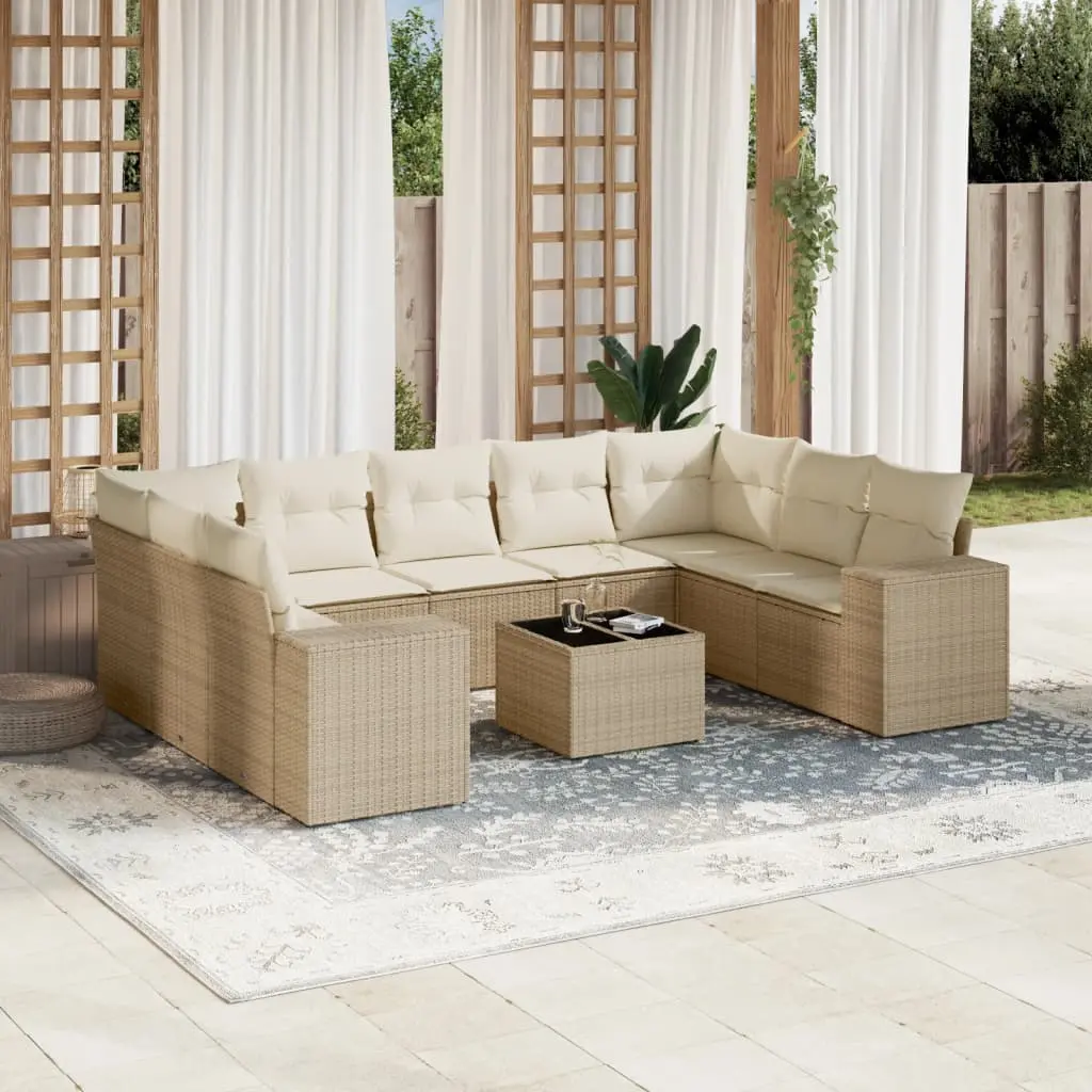 Set Divano da Giardino 10 pz con Cuscini Beige in Polyrattan