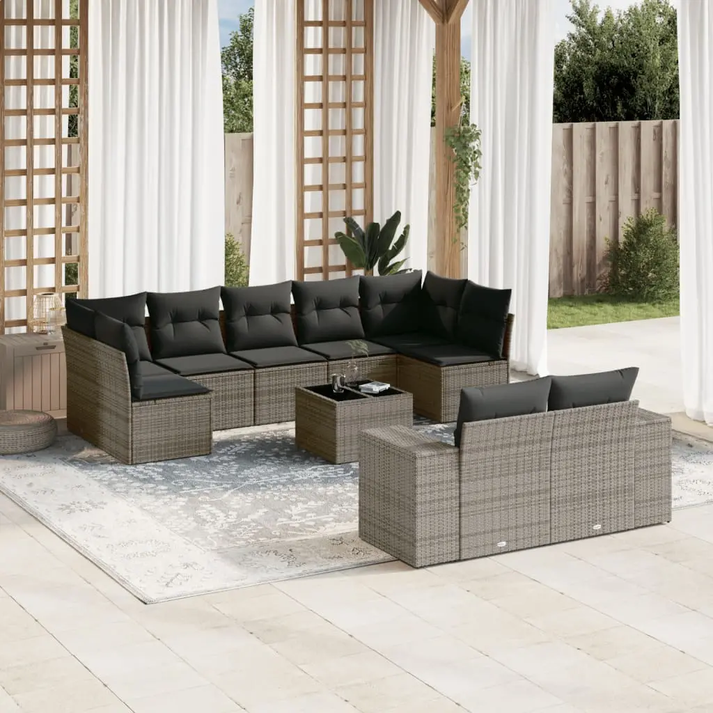 Set Divano da Giardino 10 pz con Cuscini Grigio in Polyrattan