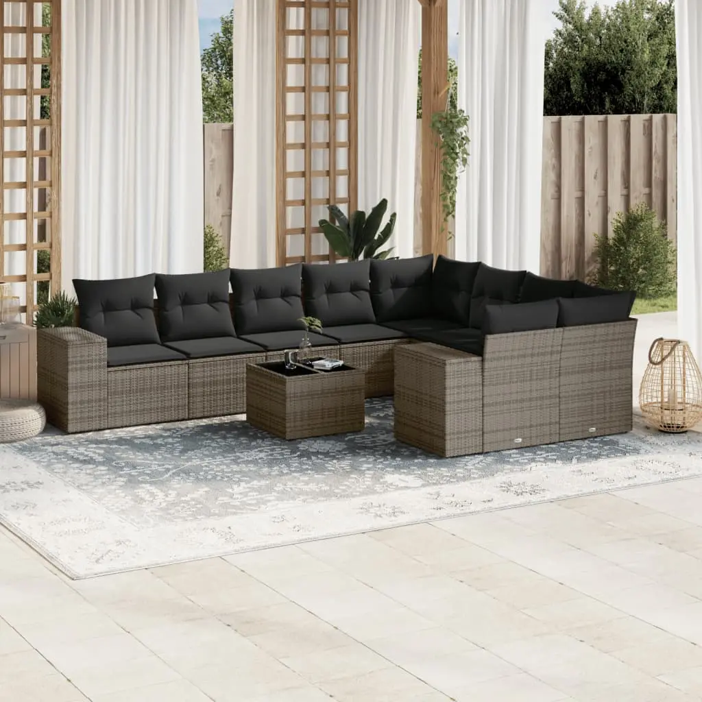 Set Divano da Giardino 10 pz con Cuscini Grigio in Polyrattan