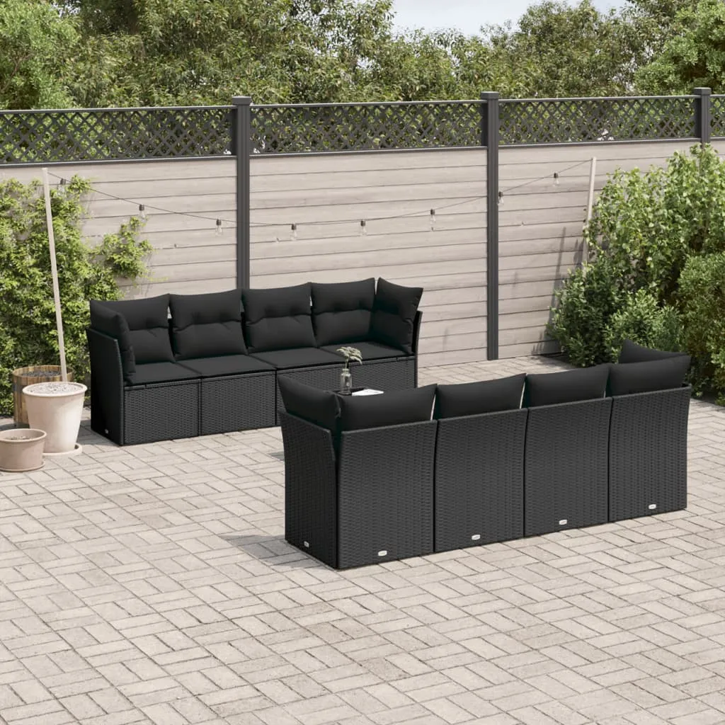 vidaXL Set Divani da Giardino 9 pz con Cuscini Nero in Polyrattan