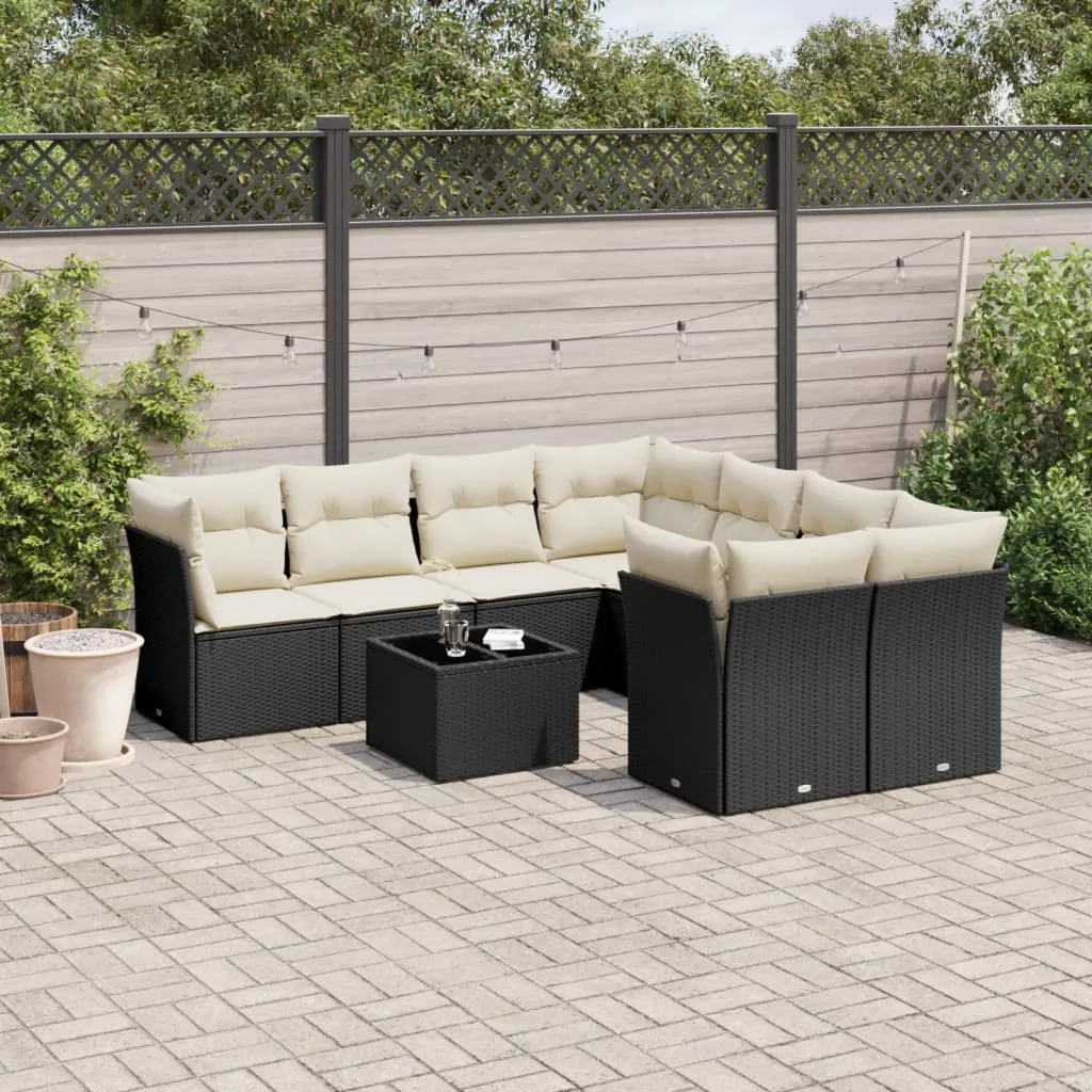 vidaXL Set Divani da Giardino 9 pz con Cuscini Nero in Polyrattan