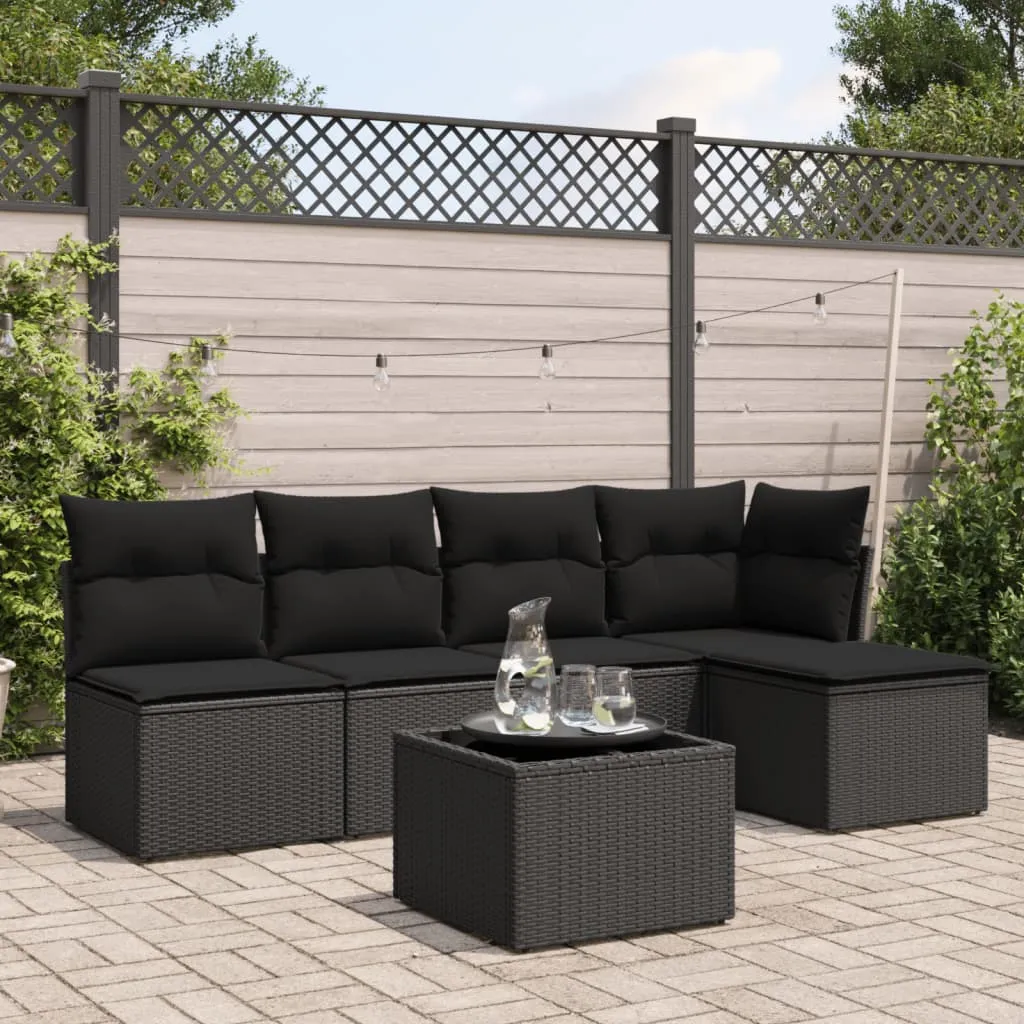 vidaXL Set Divano da Giardino 6 pz con Cuscini Nero in Polyrattan