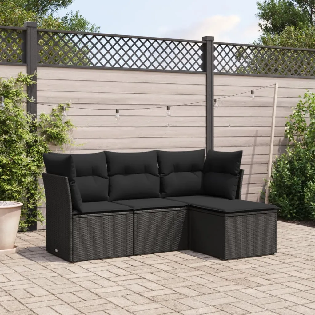 vidaXL Set Divani da Giardino 4 pz con Cuscini Nero in Polyrattan