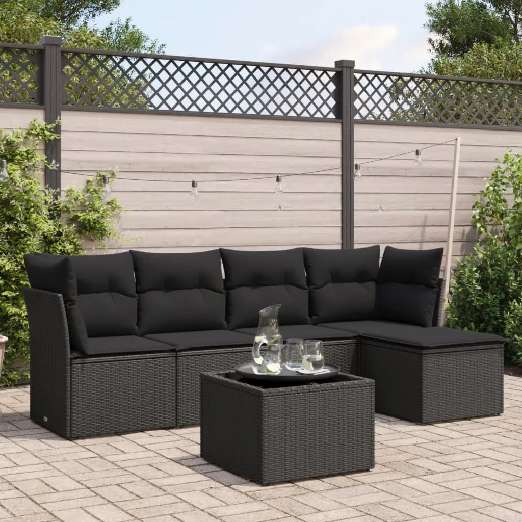 vidaXL Set Divano da Giardino 6 pz con Cuscini Nero in Polyrattan