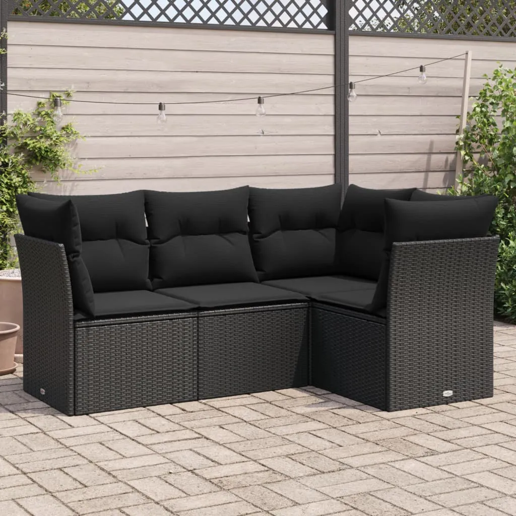 vidaXL Set Divani da Giardino 4 pz con Cuscini Nero in Polyrattan