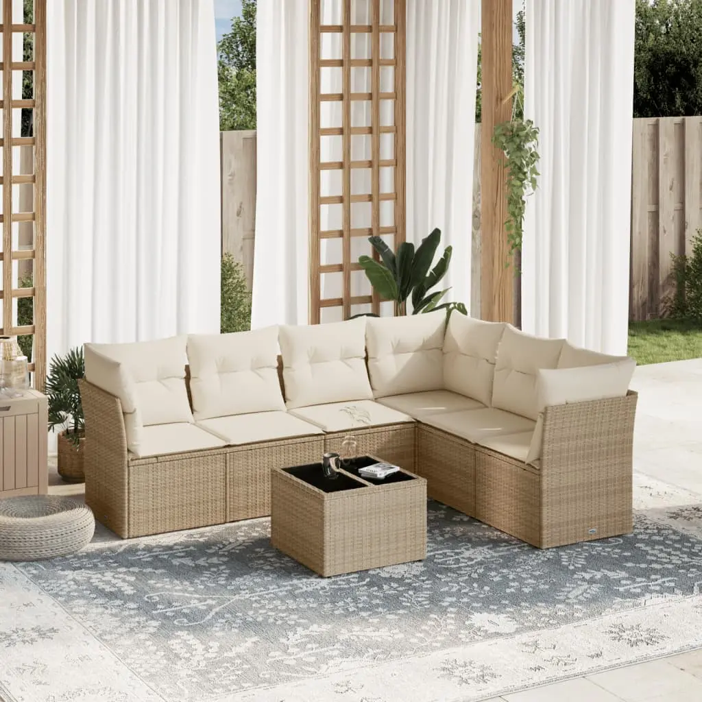 Set Divani da Giardino 7 pz con Cuscini Beige in Polyrattan