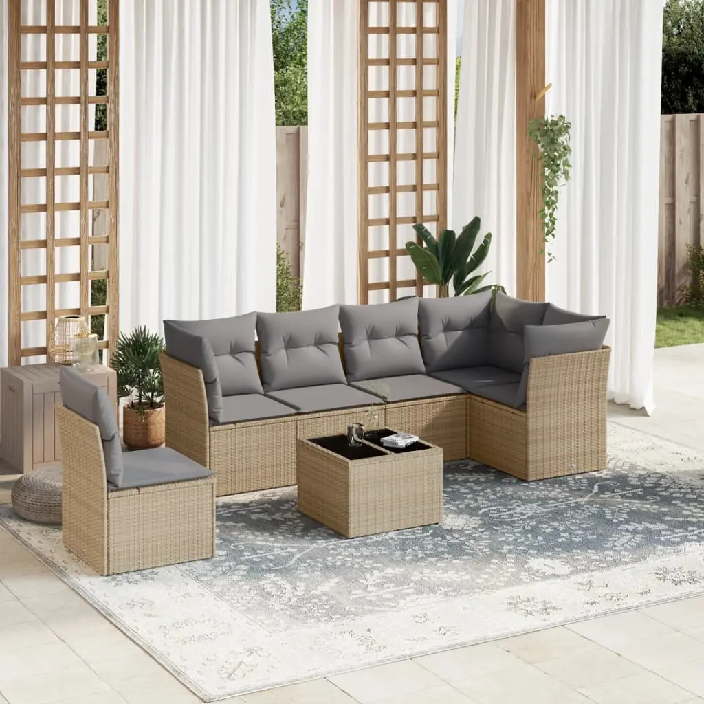 Set Divani da Giardino 7 pz con Cuscini Beige in Polyrattan