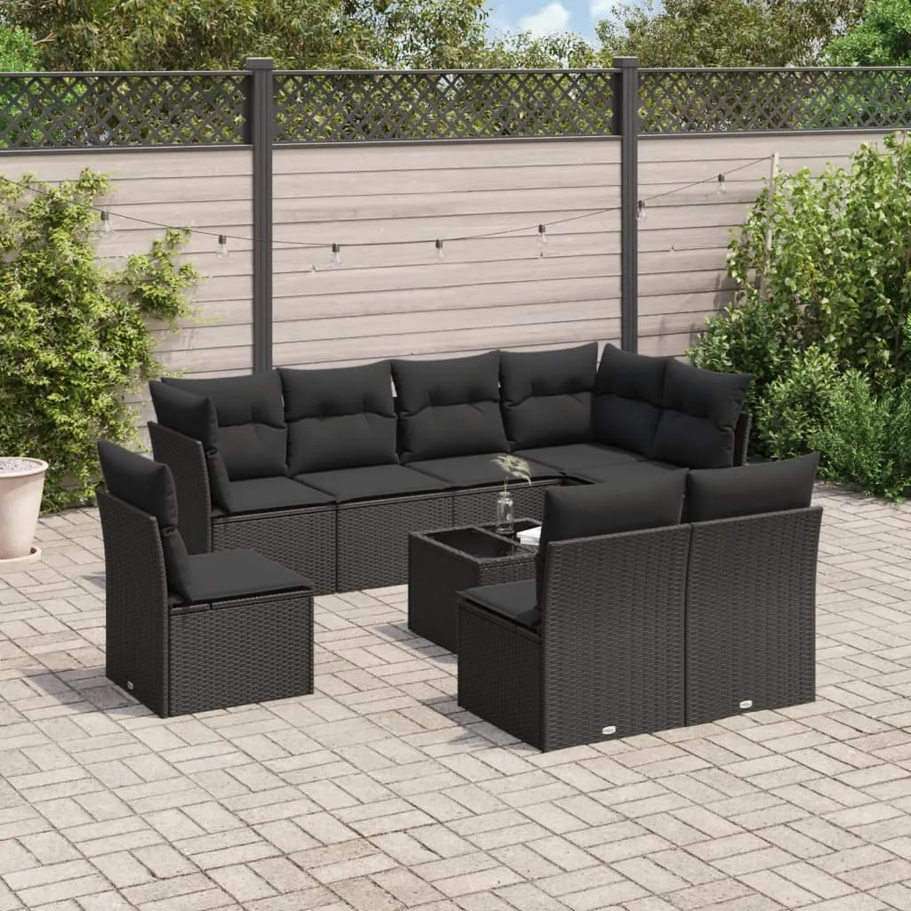 vidaXL Set Divani da Giardino 9 pz con Cuscini Nero in Polyrattan