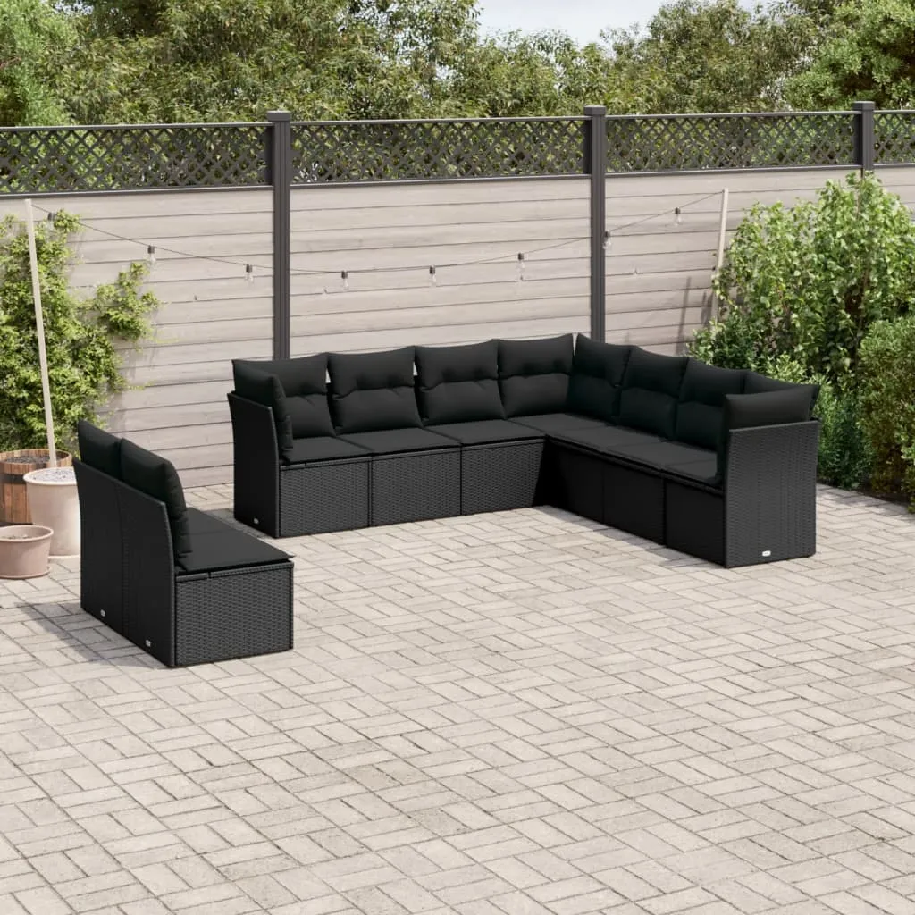 vidaXL Set Divani da Giardino 9 pz con Cuscini Nero in Polyrattan