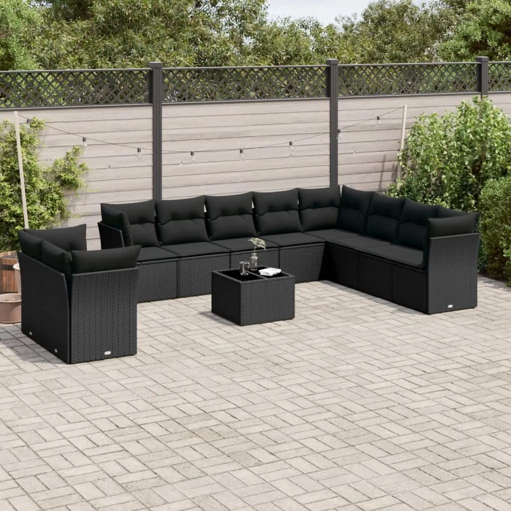 vidaXL Set Divani da Giardino 11 pz con Cuscini in Polyrattan Nero