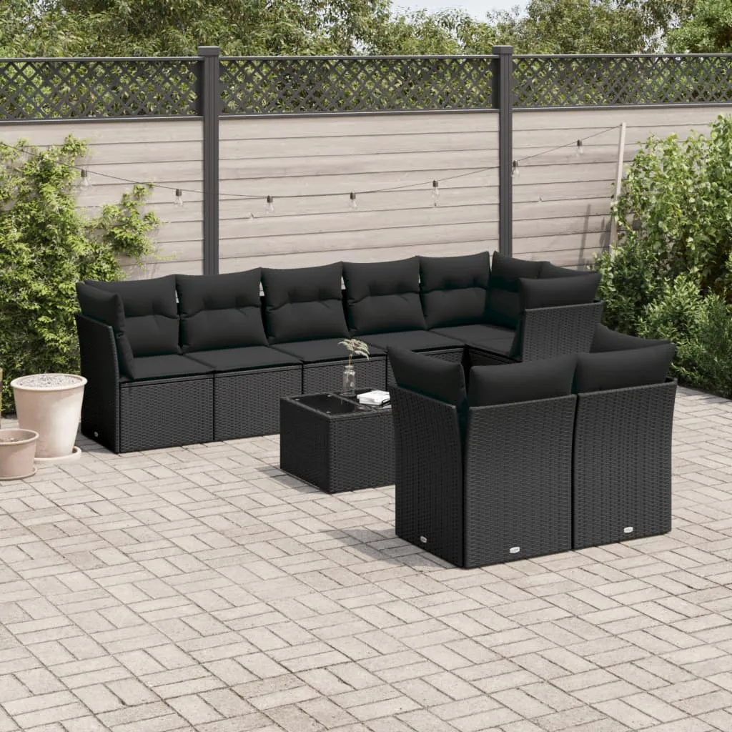 vidaXL Set Divani da Giardino 9 pz con Cuscini Nero in Polyrattan