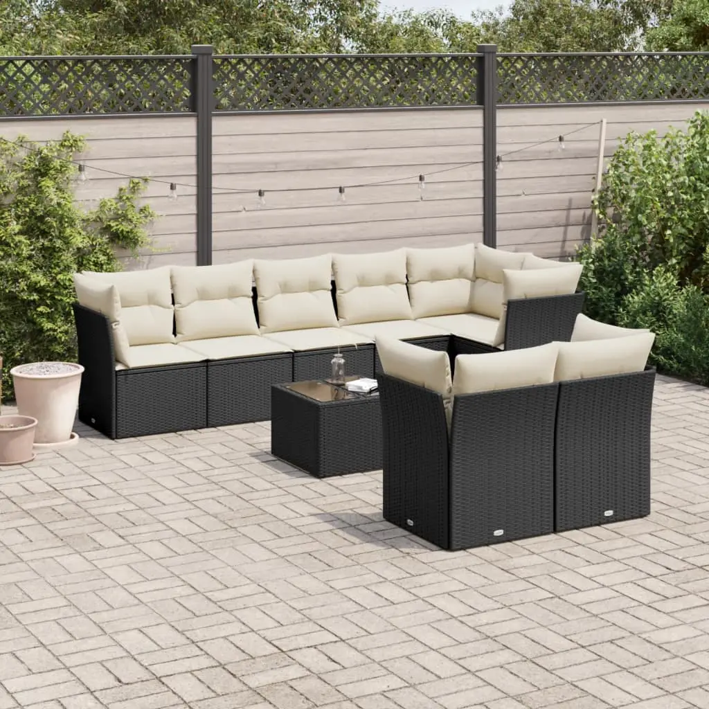 Set Divani da Giardino 9 pz con Cuscini Nero in Polyrattan