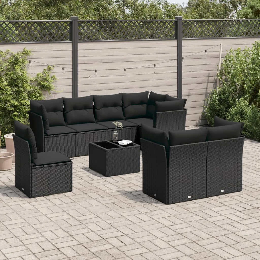 vidaXL Set Divani da Giardino 9 pz con Cuscini Nero in Polyrattan