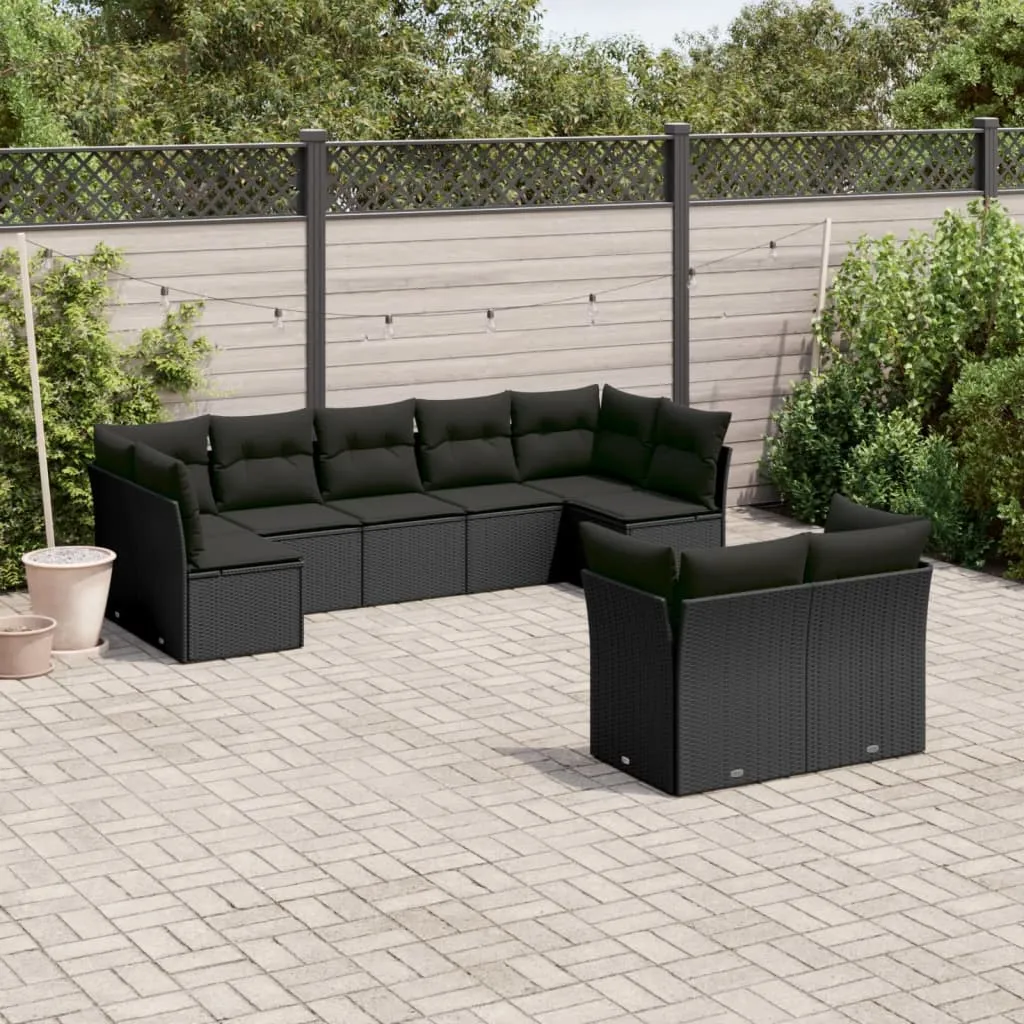 vidaXL Set Divani da Giardino 9 pz con Cuscini Nero in Polyrattan