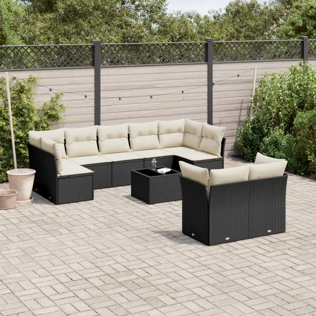 Set Divani da Giardino 10pz con Cuscini in Polyrattan Nero