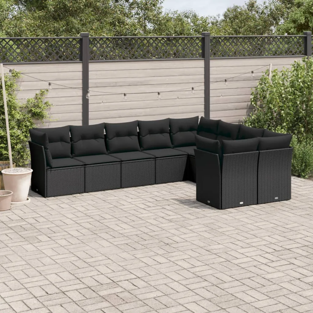 vidaXL Set Divani da Giardino 9 pz con Cuscini Nero in Polyrattan