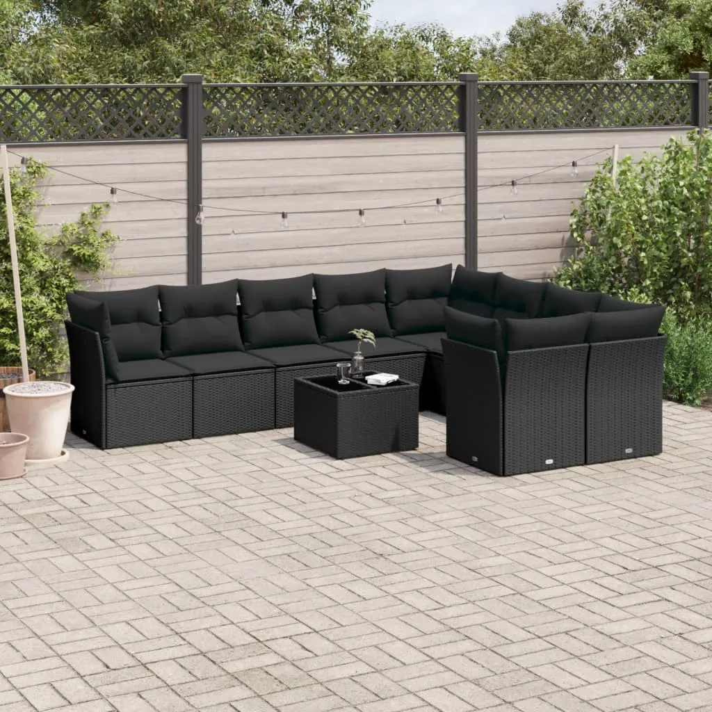 vidaXL Set Divani da Giardino 10pz con Cuscini in Polyrattan Nero