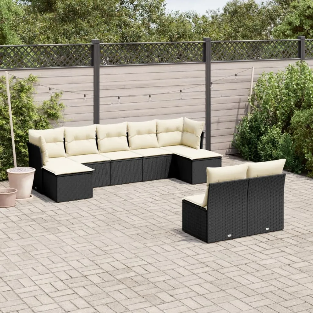 vidaXL Set Divani da Giardino 9 pz con Cuscini Nero in Polyrattan