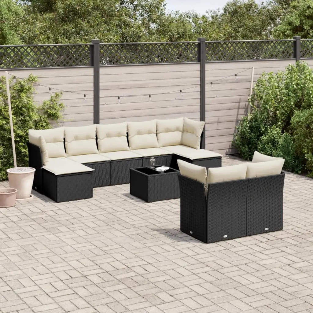 Set Divani da Giardino 10pz con Cuscini in Polyrattan Nero