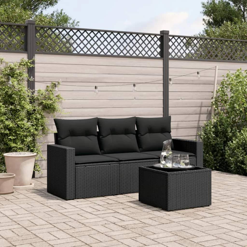 vidaXL Set Divani da Giardino 4 pz con Cuscini Nero in Polyrattan